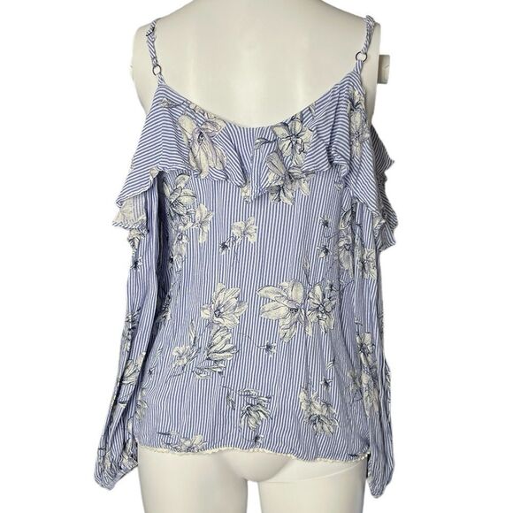 Jolt Striped Floral Cold Shoulder Top Blue & White Size XS - Picture 2 of 3